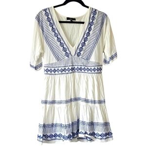 Lulus Gone to Greece White Embroidered Short Sleeve V-Neck Mini Dress, Size L